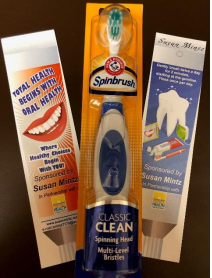 Battery operated toothbrush and toothpaste
