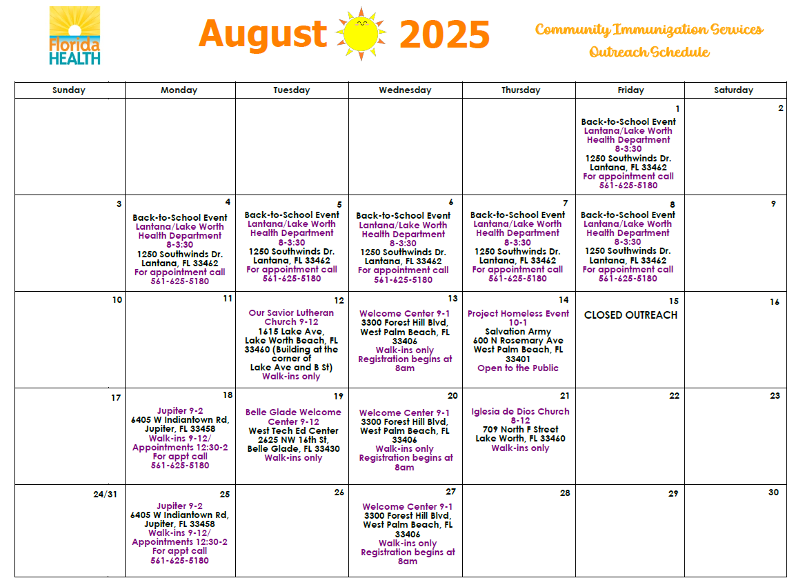August 2025 Calendar of Outreach Events