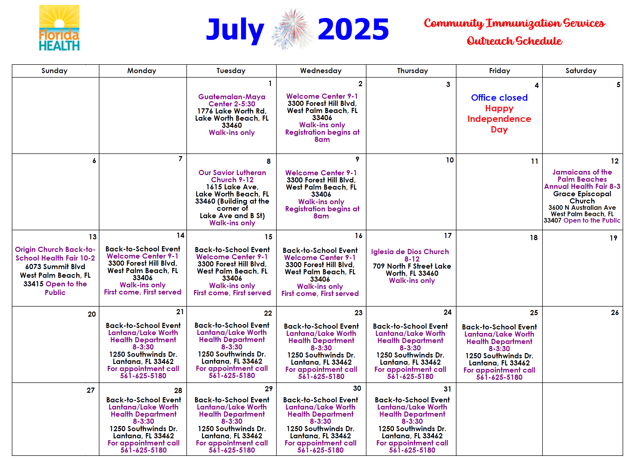 July 2025 Calendar of Outreach Events