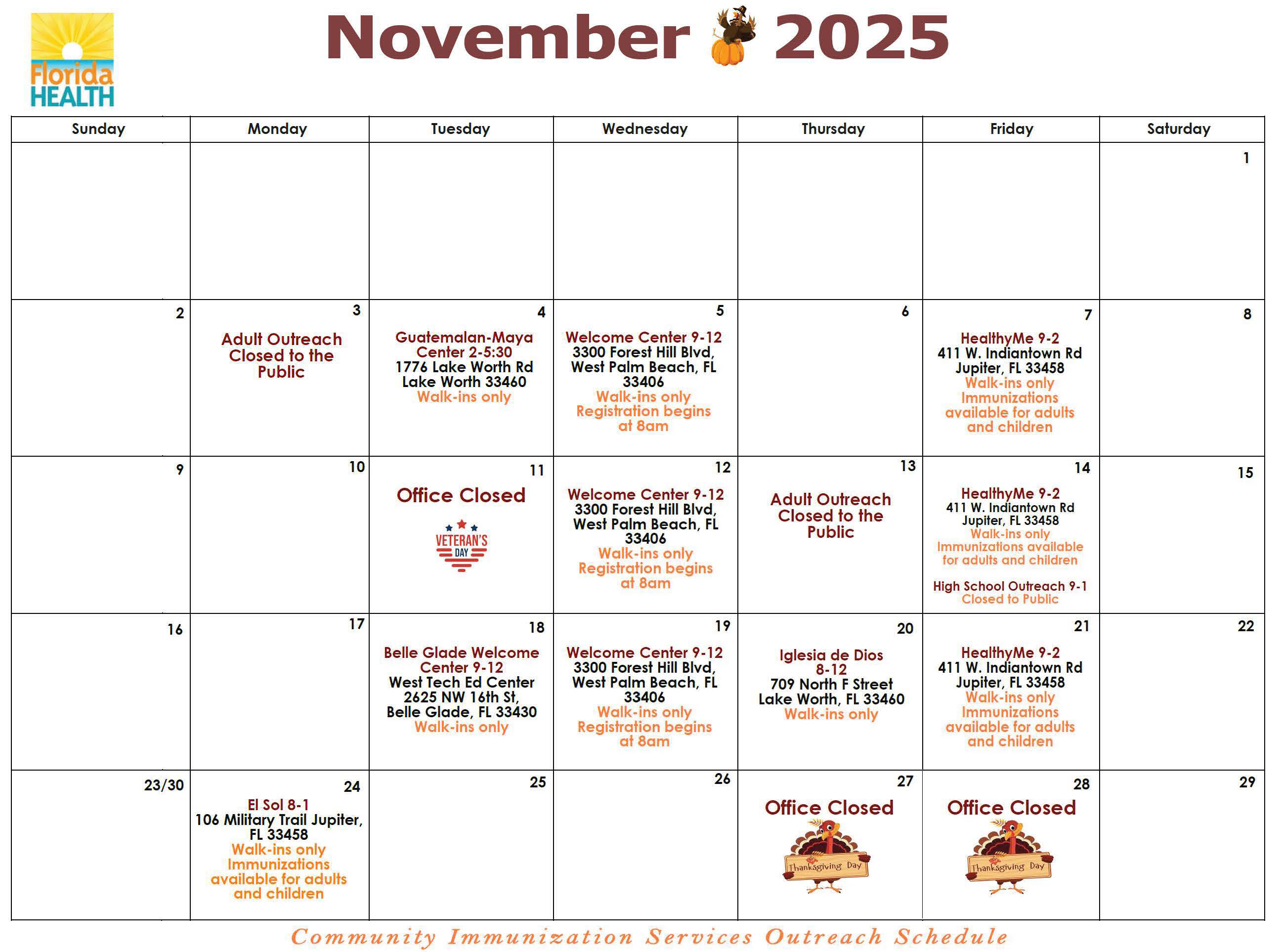 Image of November 2025 DOH PBC Immunizations Calendar