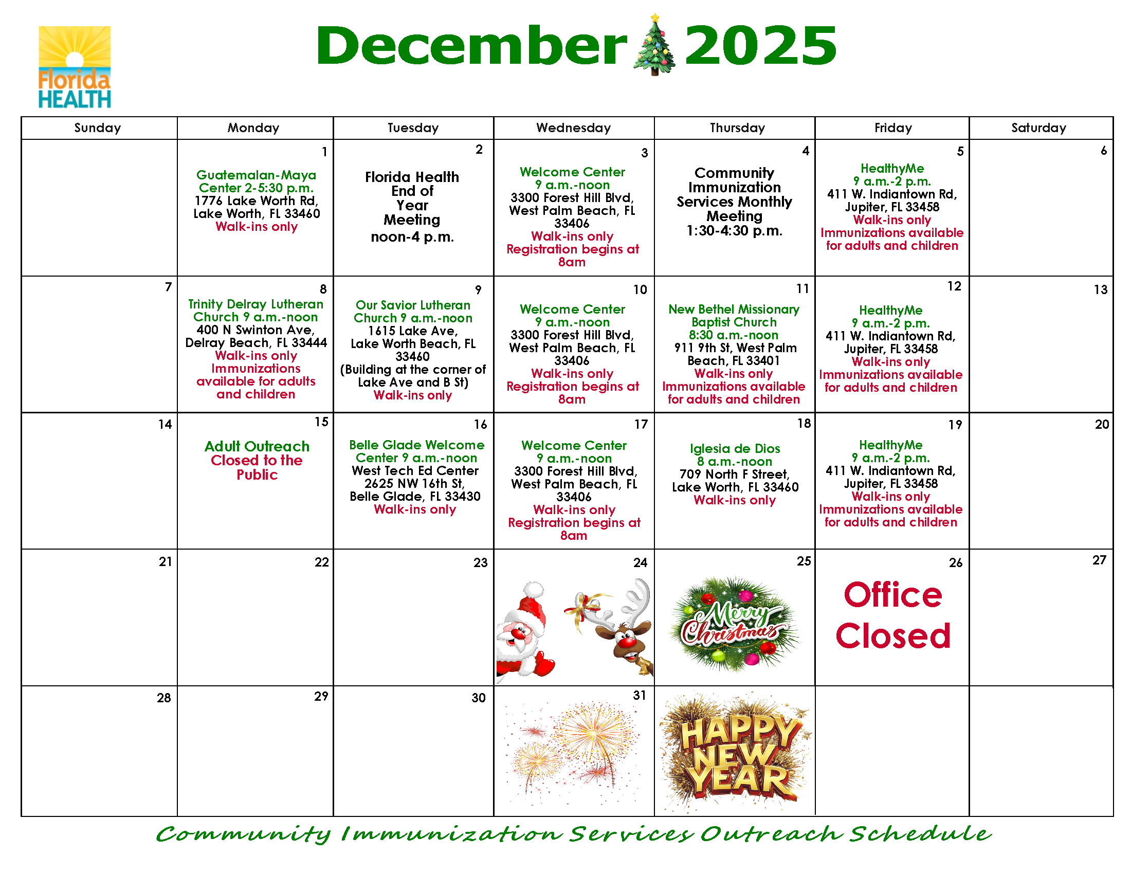 Image of December 2025 DOH PBC Immunizations Calendar