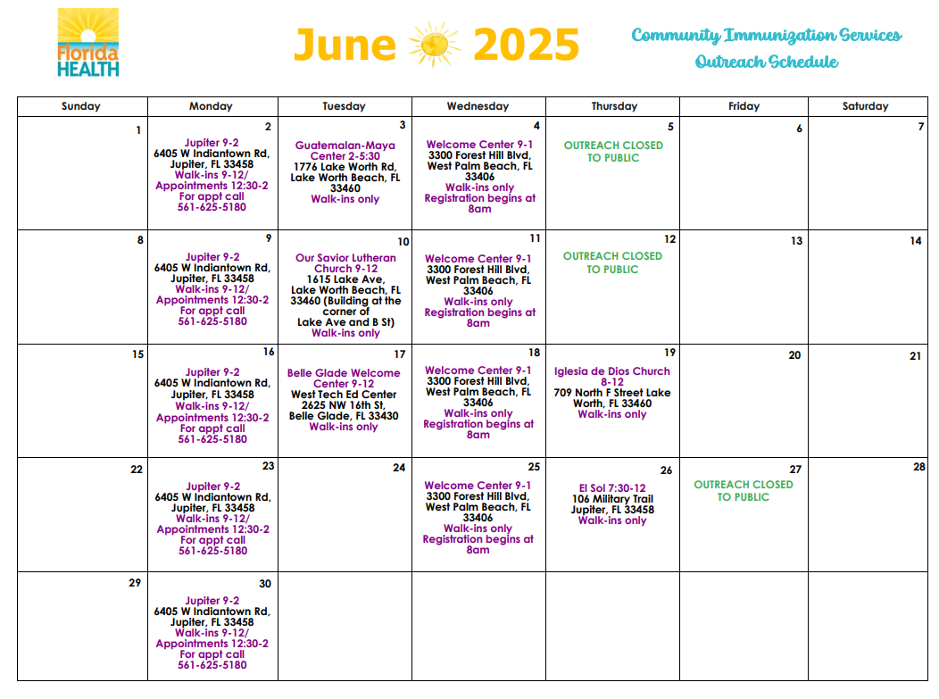June 2025 Immunizations Outrerach Calendar PIC