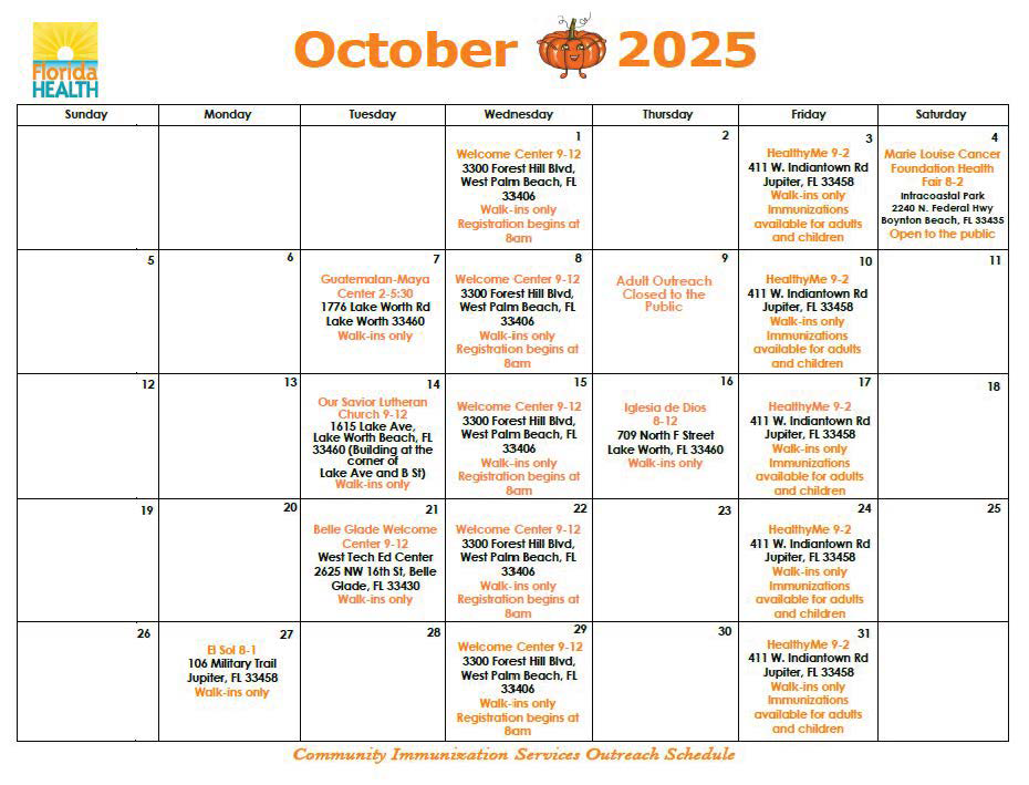 Image of October 2025 DOH PBC Immunizations Calendar