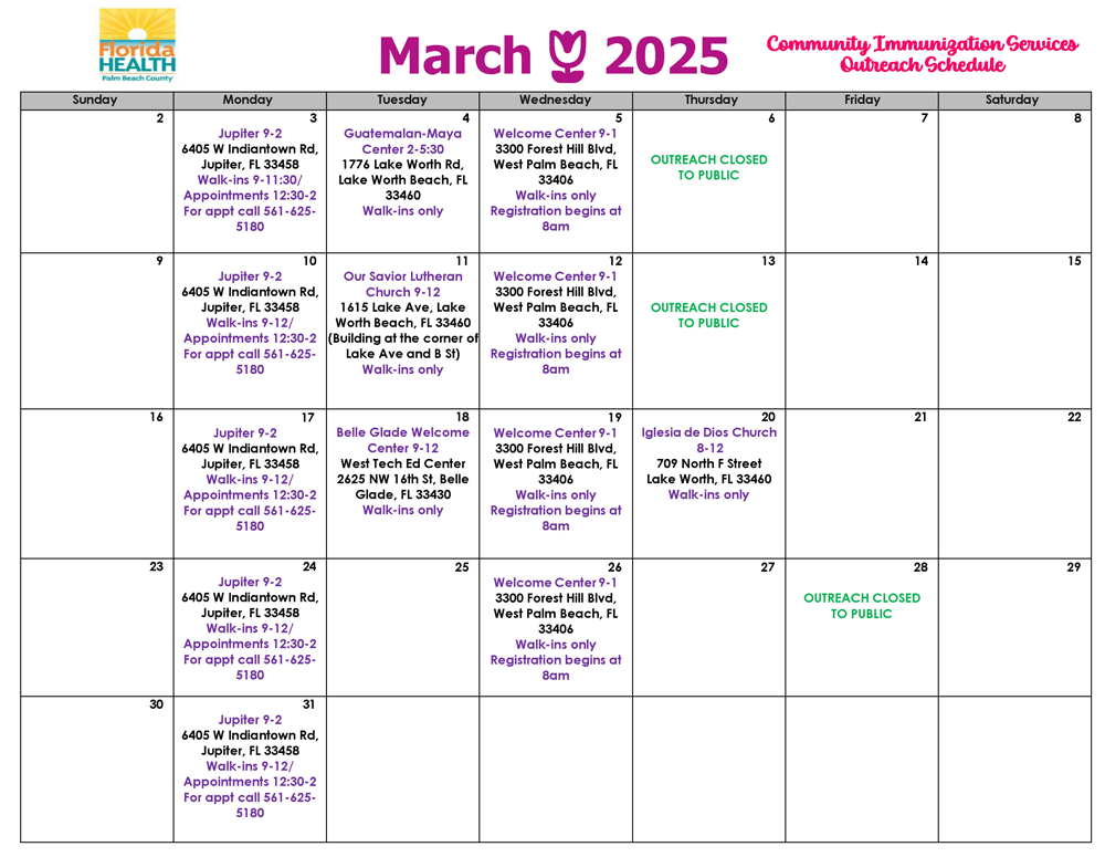 Community Immunization Services Outreach Calendar. Download PDF Flyer for more information.