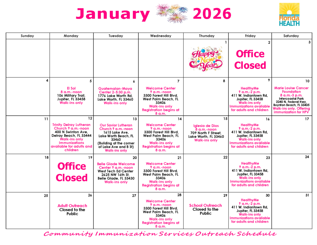 Community Immunization Outreach 01/30/2026 1 Image of January 2026 DOH PBC Immunizations Calendar