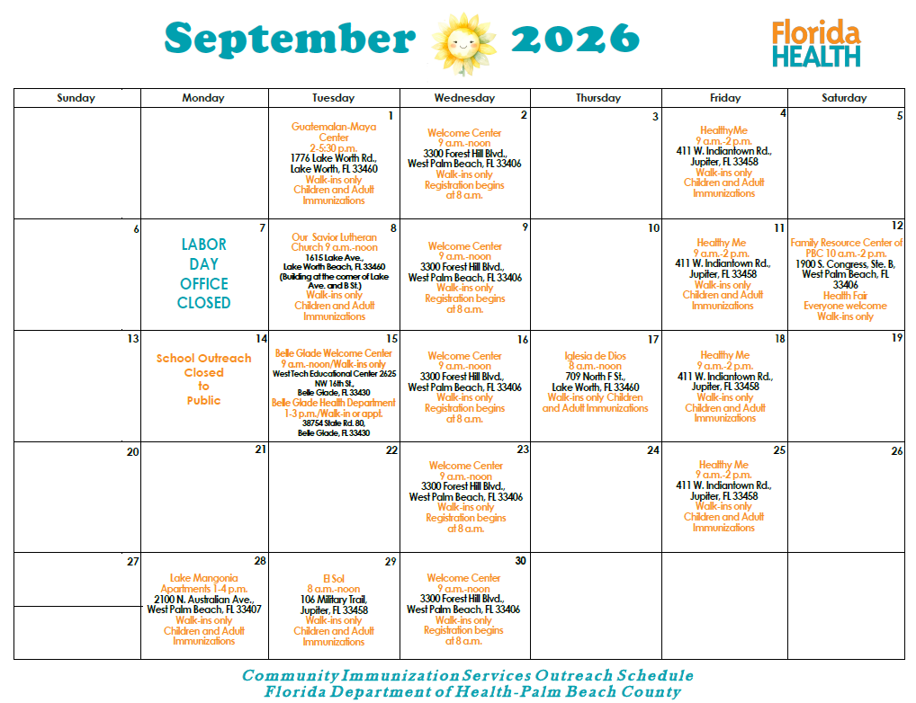 A calendar for September 2026 detailing community immunization services outreach schedule from the Florida Department of Health-Palm Beach County. It lists dates, locations, times, and services for various immunization events.