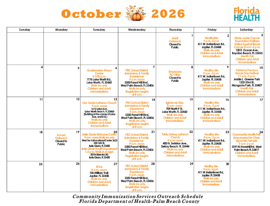 October 2026 calendar showing the Florida Department of Health, Palm Beach County's community immunization services and outreach schedule.